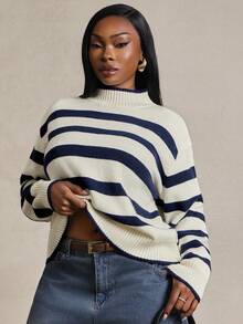 Radiana Curve Plus Size Women's Striped Stand Collar Drop Shoulder Long Sleeve Casual Sweater In Fall/Winter - Blue and White - View 4