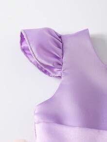 SHEIN Glamorique Kids 女嬰公主洋裝，紫色3D花朵網紗裙，荷葉袖，大蝴蝶結背部設計，生日派對、婚禮節日禮服、舞會洋裝、畢業洋裝、夏季洋裝 - 紫色 - 查看 6