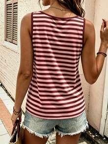 EMERY ROSE Plus Size Women's Comfortable Striped Colorblock Pattern Round Neck Button-Up Top, Round Neck Comfortable Camisole Tank Top, Suitable For Daily Casual Wear - Multicolor - View 2