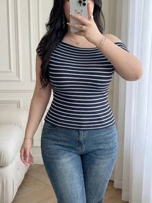 Vibekara Plus Size Summer Casual Navy Blue V-Neck T-Shirt Vacation Business - Multicolor - View 6