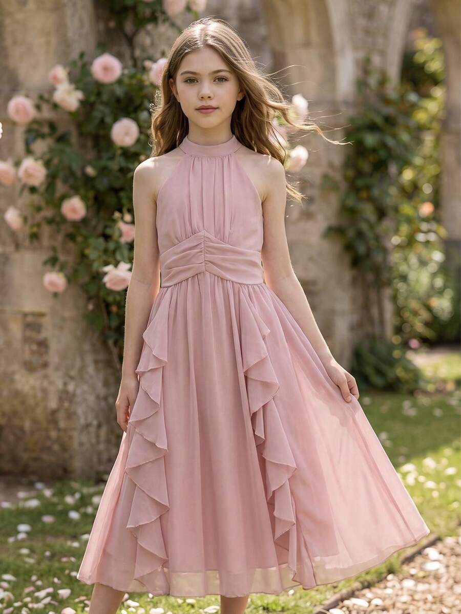 Tween Girls Elegant Back To School Party Wedding Pink Chiffon Halter Neck Hi Waist Cinched Dress - Pink - View 1