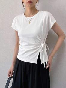DAZY Women's Crew Neck Fitted Waist Tie White T-Shirt Summer - White - View 8