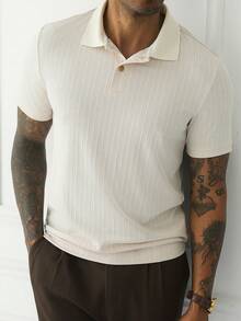 HUEFORM Men's Summer Vertical Stripe Knit Jacquard Mature Style Casual Versatile Exquisite Commuter Short Sleeve POLO Shirt - Apricot - View 2