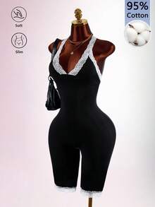 Amplova Jumpsuit Wanita Musim Gugur Elegan Potongan Rendah Katun Murni dengan Renda Kontras Panjang Sedang - Hitam - View 8