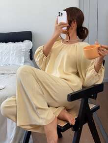 DAZY Women's Solid Color Round Neck Raglan Sleeve Top And Pants Pajama Set - Yellow - View 5