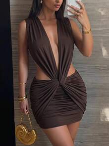 SHEIN SXY 性感深V领镂空褶皱紧身连衣裙，夏季 - 棕色 - 查看 9