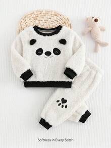 Cozy Pixies Baby Boy Cartoon Panda Pattern Thermal Lined Thick Crew Neck Long Sleeve Pullover Sweatshirt And Jogger Autumn Winter Pants 2-Piece Set - Multicolor - View 7