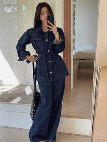Livesso Tall 女款翻領前開襟寬鬆長袖上衣與直筒褲都市休閒牛仔套裝 秋季 - 深色水洗藍 - 查看 7