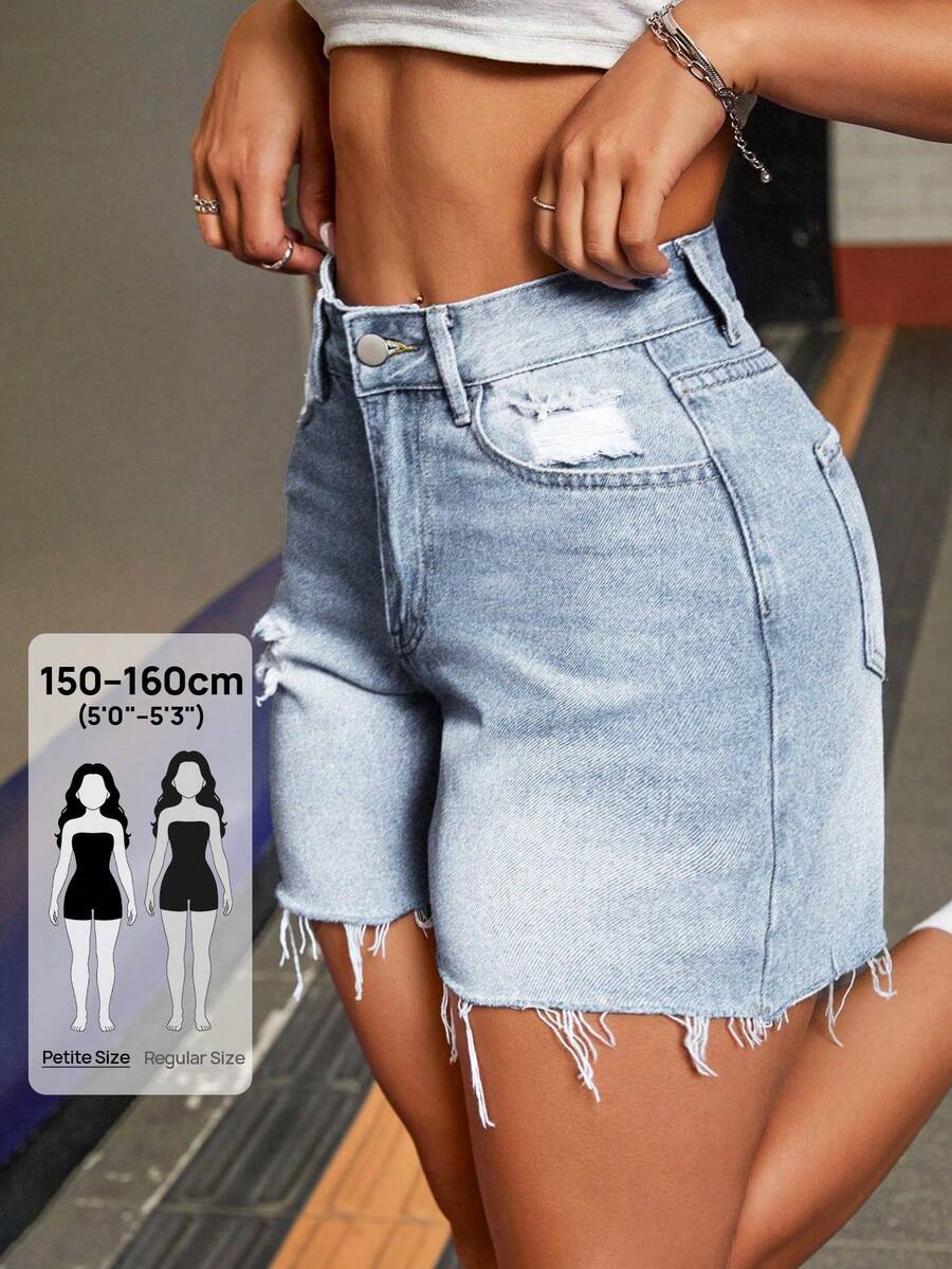SHEIN PETITE 女款高腰口袋磨損毛邊休閒百搭牛仔短褲,適合嬌小女性 - 藍白色 - 查看 1