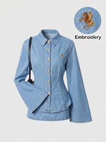 SHEIN MOD 女款刺繡喇叭袖單排扣牛仔襯衫 - 淺色水洗藍 - 查看 1