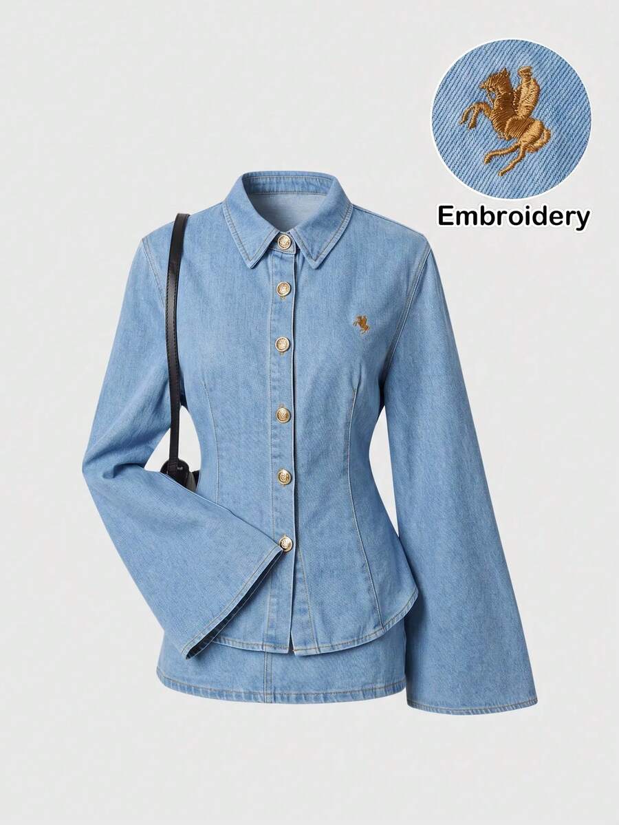 SHEIN MOD 女款刺繡喇叭袖單排扣牛仔襯衫 - 淺色水洗藍 - 查看 1