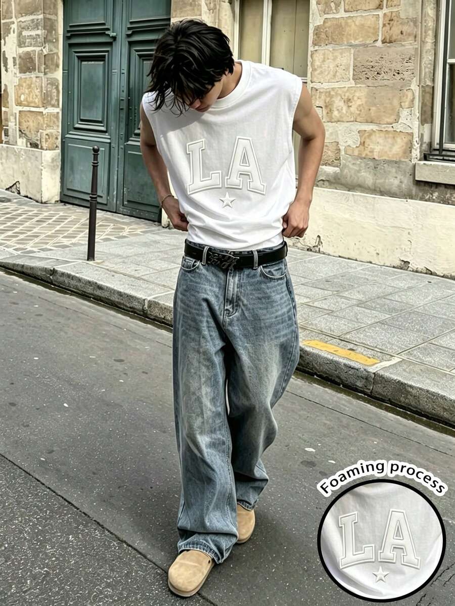 Resyla Men 男士簡約休閒無袖背心,字母LA,泡棉印花,夏季背心 - 白色 - 查看 1
