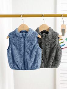 SHEIN 嬰兒男孩嬰兒女孩秋冬可愛百搭 2件套 絨毛素色背心外套大衣 - 彩色 - View 14