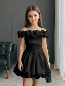 Firerie Kids Tween女孩露肩收腰洋裝，優雅休閒日常穿搭，派對與宴會穿著，姊妹套裝，親子套裝 - 黑色 - 查看 7