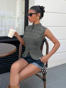 Muchica Light Khaki Fitted Women Tank Top,Summer Top - Grey - View 6