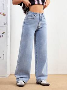 SHEIN PETITE Women Pockets Loose Wide Leg Relaxed Fit Casual Jeans, Versatile ,Petite Women - Blue - View 5