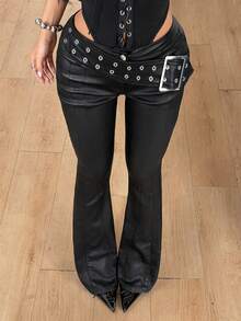 Jeanoix Y2K Fashion Belted Low Waist Flare Leg Women's Pants - Black - View 5
