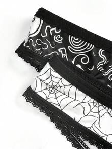 AltCore Halloween Black & White Spider Web Skull Graffiti Print Lace Trim Thong Panties, Dark Style Women's Underwear 2-Piece Set - Multicolor - View 3