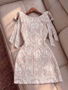 SHEIN Raffinéa Vestido de moda con estampado de encaje y cuello cuadrado - Albaricoque - Ver 2