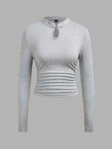 SHEIN EZwear 秋季新品青蛙鈕扣休閒極簡針織純色三件套圓領抓皺長袖女款T恤，秋季上衣，適合日常通勤、約會、派對、秋冬/夏季、聖誕節、新年、海灘、畢業典禮、時尚、休閒、Y2K、外出、畢業典禮等場合 - 彩色 - 查看 6