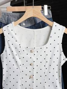 SHEIN 兒童青少年女孩背心與細肩帶上衣 夏季時尚 優雅成熟老錢風 波點珍珠鈕扣裝飾背心 - 白色 - 查看 5
