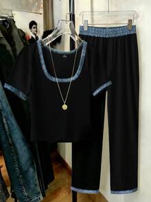 EMERY ROSE Nuevo conjunto de 2 piezas de top de manga corta y pantalones largos con estampado de mezclilla y ribete de contraste, ajuste ceñido para mujer, adecuado para el uso diario, vacaciones y el lugar de trabajo - Negro - Ver 8