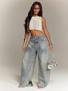 Denimoi Frayed Seams Barrel Leg Jeans Fashionable Denim Barrel Jeans - Light Wash - View 2