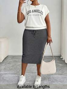 SHEIN PETITE CURVE 2件套加大码圆领短袖休闲字母印花夏季套装 - 深灰色 - 查看 3