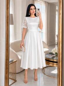 SHEIN Lady Vestido elegante de fiesta de talla grande con parches de encaje de unicolor - Blanco - Ver 3