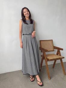EMERY ROSE 两件套：无袖衬衫和百褶A字裙，波浪下摆拼接格子面料，休闲轻松优雅通勤度假装，适合女士春夏穿着 - 黑與白 - 查看 3