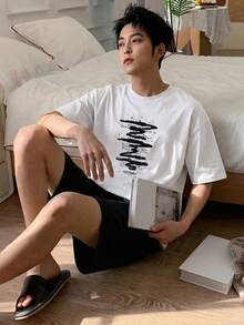 DAZY 夏季字母印花短袖T恤與短褲男士居家服睡衣套裝 - 黑色 - 查看 6