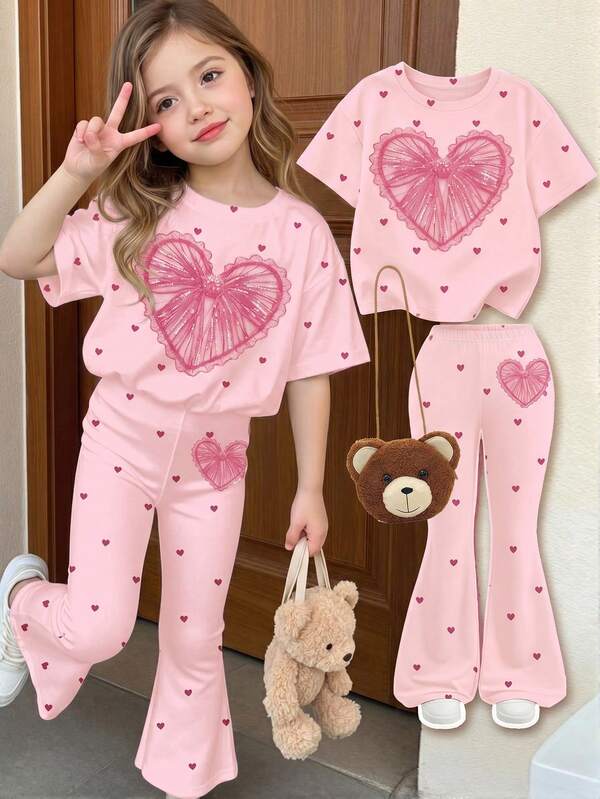 Super Cute Ballet Style Mini Bow Print, Black Elegant Exquisite Bow Print Pattern, Chic, Cute Sister/BFF Outfit, Young Girl Casual Minimalist Cartoon Pattern Round Neck Short Sleeve Top And Flared Pants 2-Piece Set Suitable For Summer