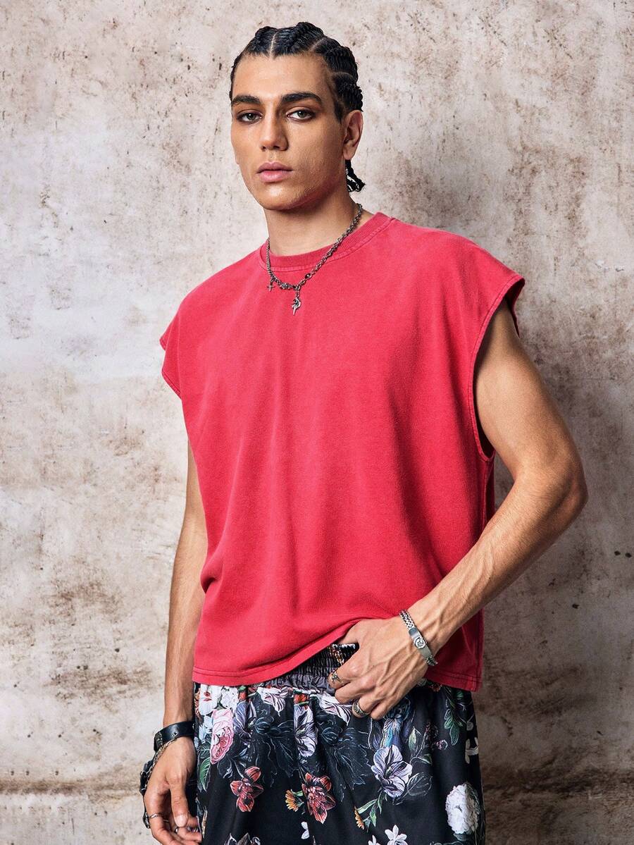Skyrend Men's Summer Casual Solid Color Wide Shoulder Tank Top Cotton Tops Sleeveless Tee Red Crop Top Muscle Tee Cotton Sleeveless Tee Men Tops Red Cut Sleeve T-Shirt Men, Holiday Gothic Punk Streetwear For Emo Boy Grunge - Red - View 1