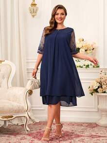 Miaspire Robe grande taille en dentelle patchwork col rond simple décontractée élégante tenue d'été pour femmes robe modeste pour femmes robe d'invitée de mariage femme dentelle mousseline - Bleu marine - Voir 5