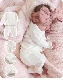 SHEIN Set Baju Rajut Lengan Panjang dan Celana Panjang Kasual Nyaman Warna Polos untuk Bayi Perempuan Baru Lahir - Krem - View 8