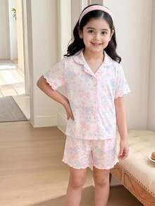 SHEIN 女童粉色甜美可愛短袖短褲舒適兩件式居家服套裝 - 彩色 - 查看 9