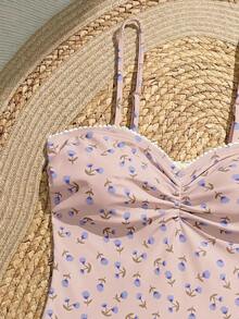 Swim Mod 3件組夏季新款亮面布料亮片刺繡花卉三角比基尼聚攏泳衣 女款 - 粉色 - 查看 4