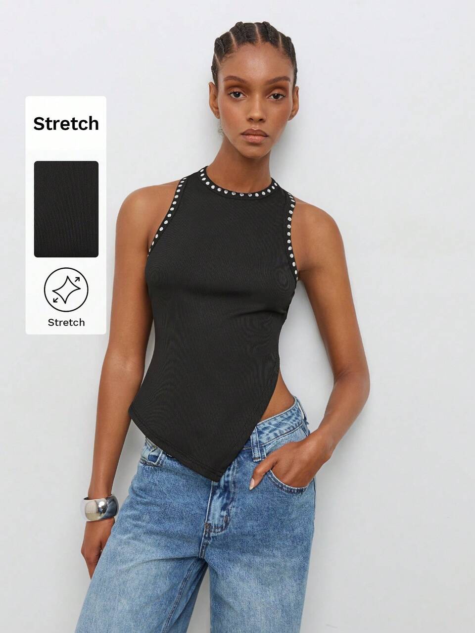 SHEIN Maija Women's Round Neck Asymmetric Hem Split Sleeveless Tank Top Vintage Hip Hop Old Money Teacher Style Romantic Fashion Versatile Summer Party Night Top