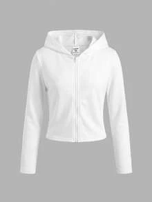 SHEIN Jaket Anak Perempuan Remaja Kasual Olahraga Warna Polos Slim Fit Jaket Berkerudung Depan Terbuka 2pcs - Hitam dan Putih - View 5