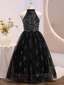 Vestido formal elegante y lujoso de cuello redondo negro con lentejuelas y malla ajustado para niñas preadolescentes, adecuado para fiesta de noche, banquete, Navidad, boda, niña de las flores, baile de graduación, vacaciones, temporada de graduación, regreso a la escuela y otras ocasiones - Negro - Ver 2