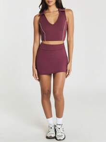 11SKNDS Minifalda de tenis de tiro alto con silueta en A estilo envolvente y acabado liso y elegante - Morado - Ver 4