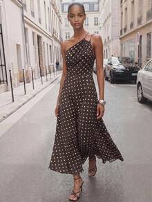 Maija Vestido elegante sexy con estampado de lunares y pliegues de un solo hombro para mujer - Marrón - Ver 1