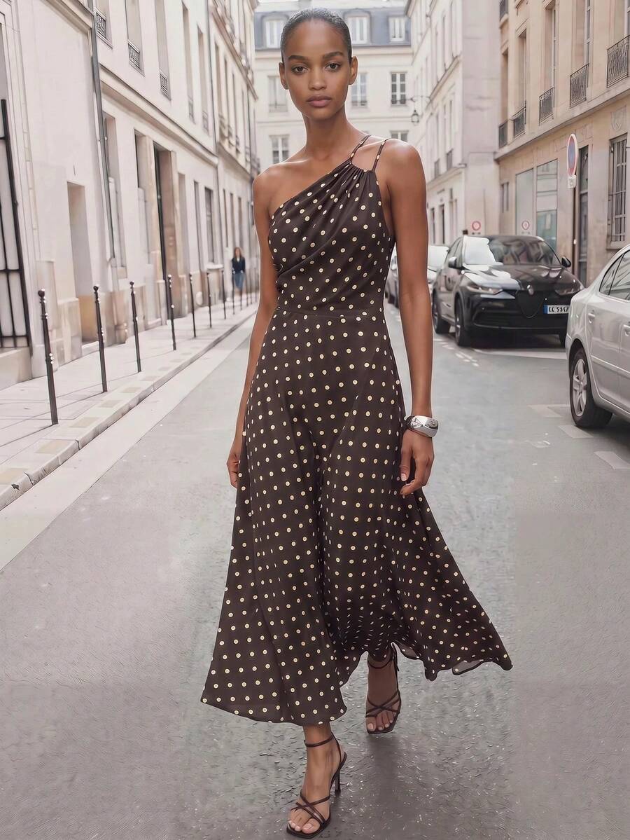 Maija Vestido elegante sexy con estampado de lunares y pliegues de un solo hombro para mujer - Marrón - Ver 1