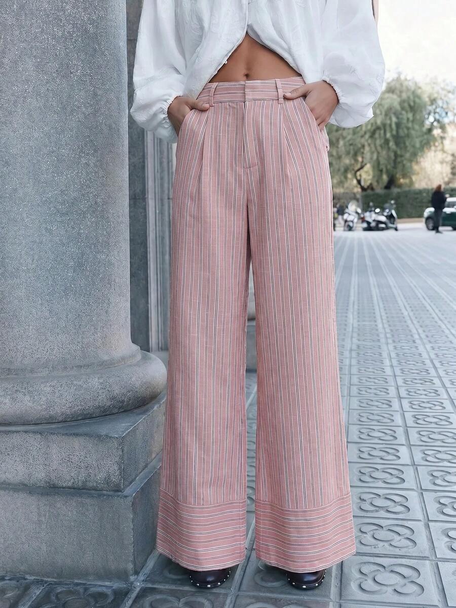 Nöista Mid Rise Long Pants In Stripes .Spring Bottoms For Festival, Summer , Vacations Festival - Baby Pink - View 1