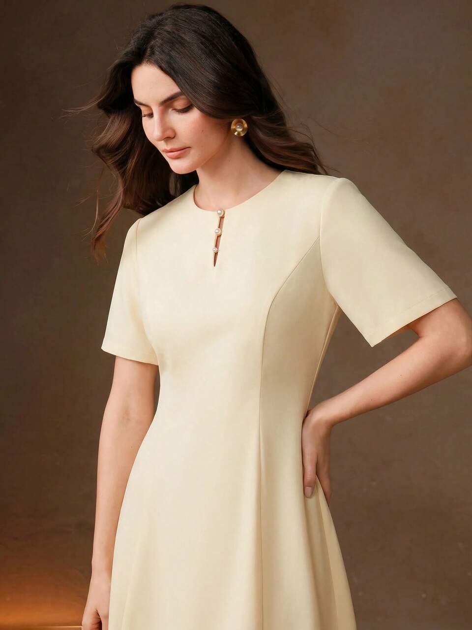 Anewsta Yan Yu Short Solid Color Waist-Cinching Dress For Women, New Spring/Summer Elegant Lady Style High-End Waist-Cinching Dress