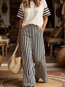 Ceyna Casual Slouchy Patchwork Striped Short Sleeve Set Women Plus Size Round Neck Loose Top High Waist Vertical Striped Wide Leg Pants 2-Piece Set - Multicolor - View 1