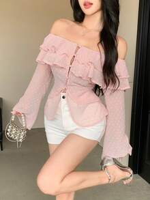 Joudiya 女款優雅粉色雪紡露肩長袖上衣，附荷葉邊飾，適合夏季婚禮、宴會、派對及正式場合外出的上衣 - 粉色 - 查看 1