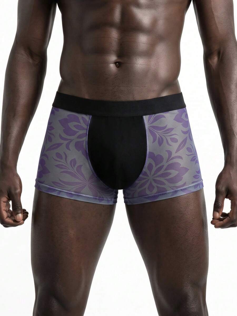 Rest Era Men's Boxer Briefs Purple Floral Sheer Mesh See-Through Underwear, Sexy Semi-Transparent Intimate Boxer Briefs - Mauve Purple - View 1
