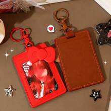 Black Faux Leather Student ID Card Holder - With Silver Cat Pendant, Faux Leather Campus Card Holder Storage - Style Photo Card Storage - Can Hold ID, Transit Card, Student Card - Can Display Celebrity Photos - red - View 2
