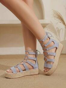 Styleloop Ladies Bohemian Vacation Flannel Lace-Up Hemp Rope Platform Sandals - Gray blue - View 7